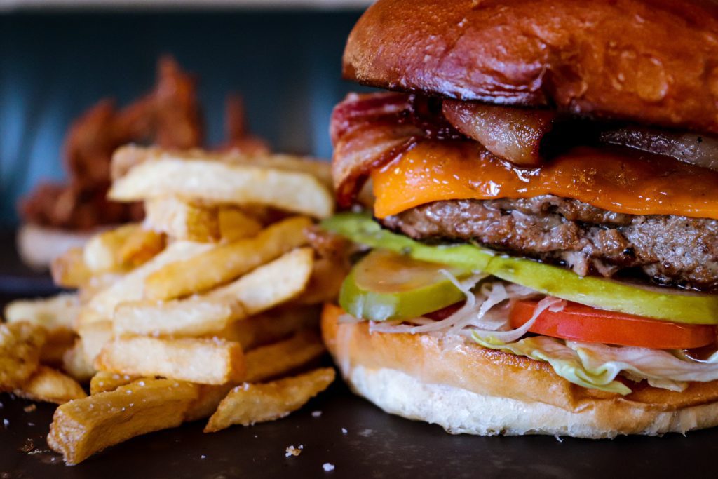 Bacon Cheeseburger and Fries (Close up)